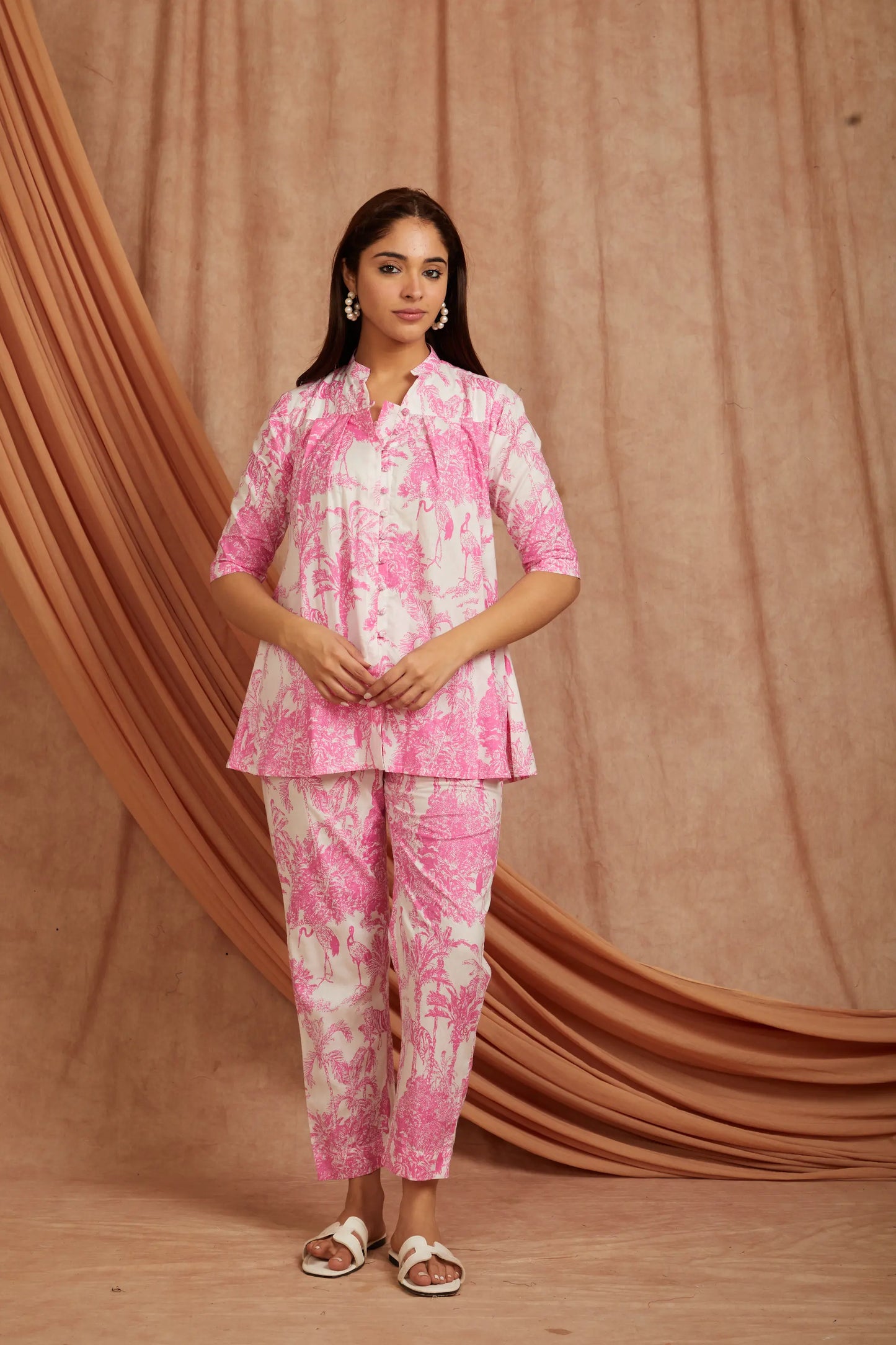 White Pink Printed Cotton Co-ord Set - Set of 2
