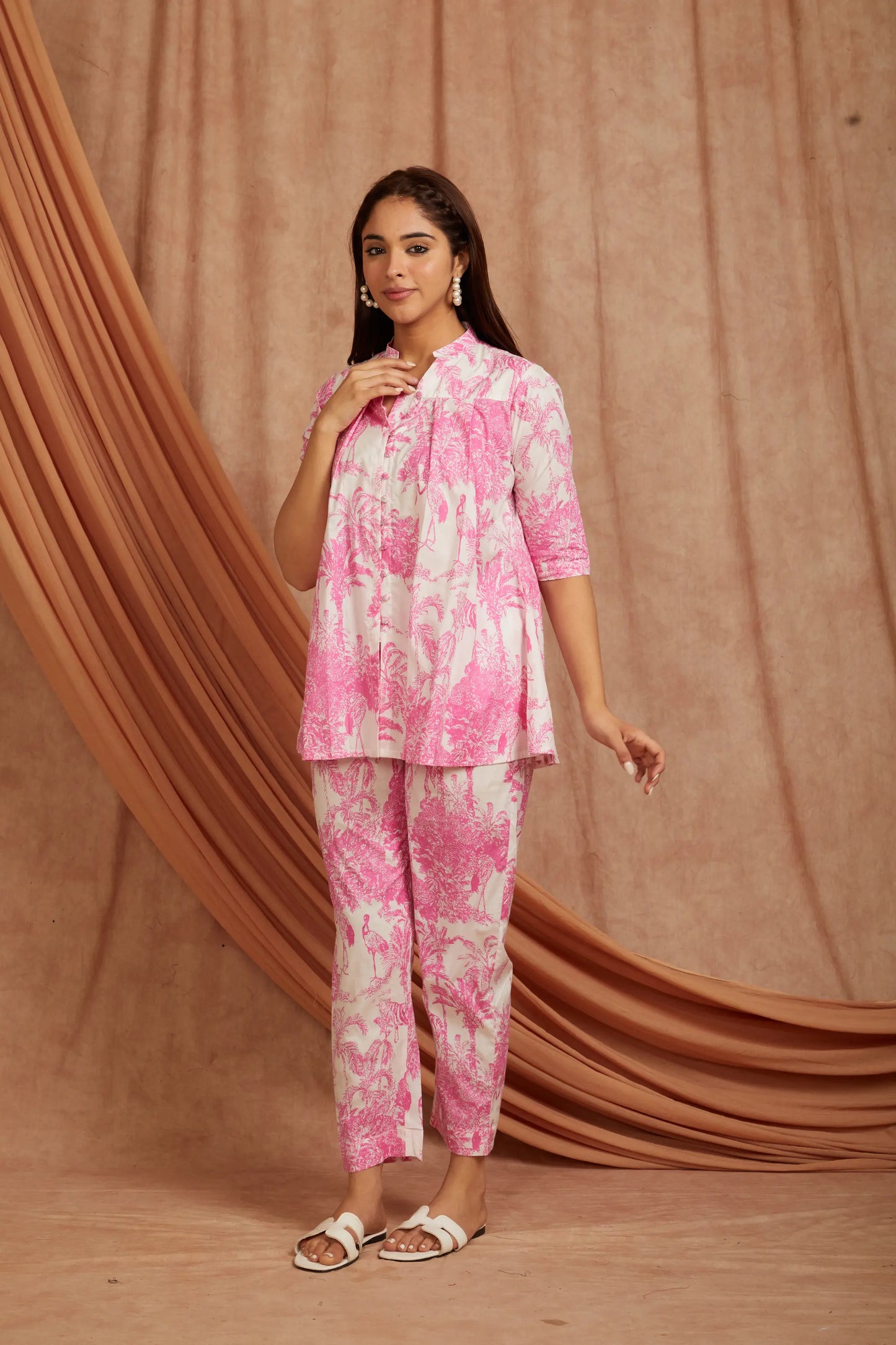 White Pink Printed Cotton Co-ord Set - Set of 2