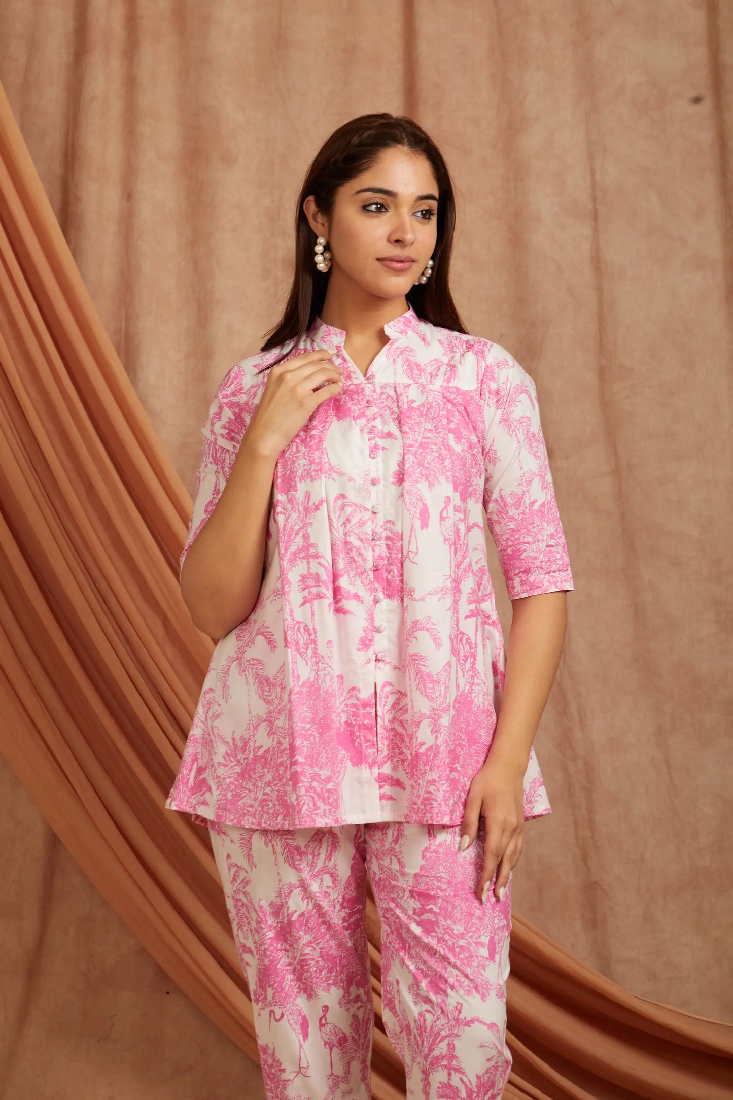 White Pink Printed Cotton Co-ord Set - Set of 2