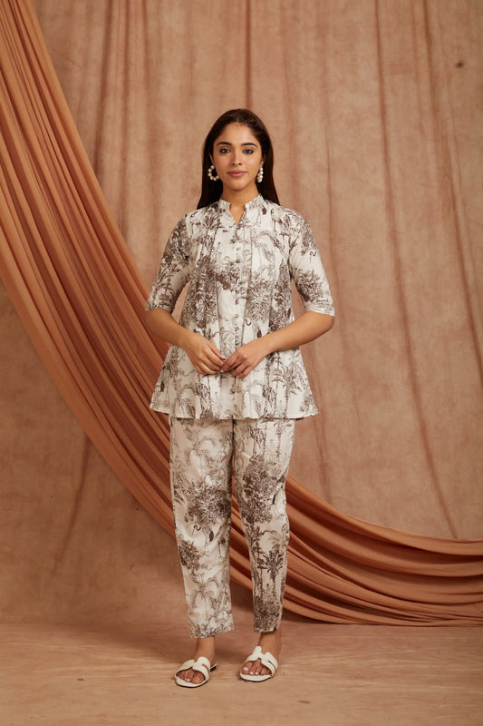 White Brown Printed Cotton Co-ord Set - Set of 2