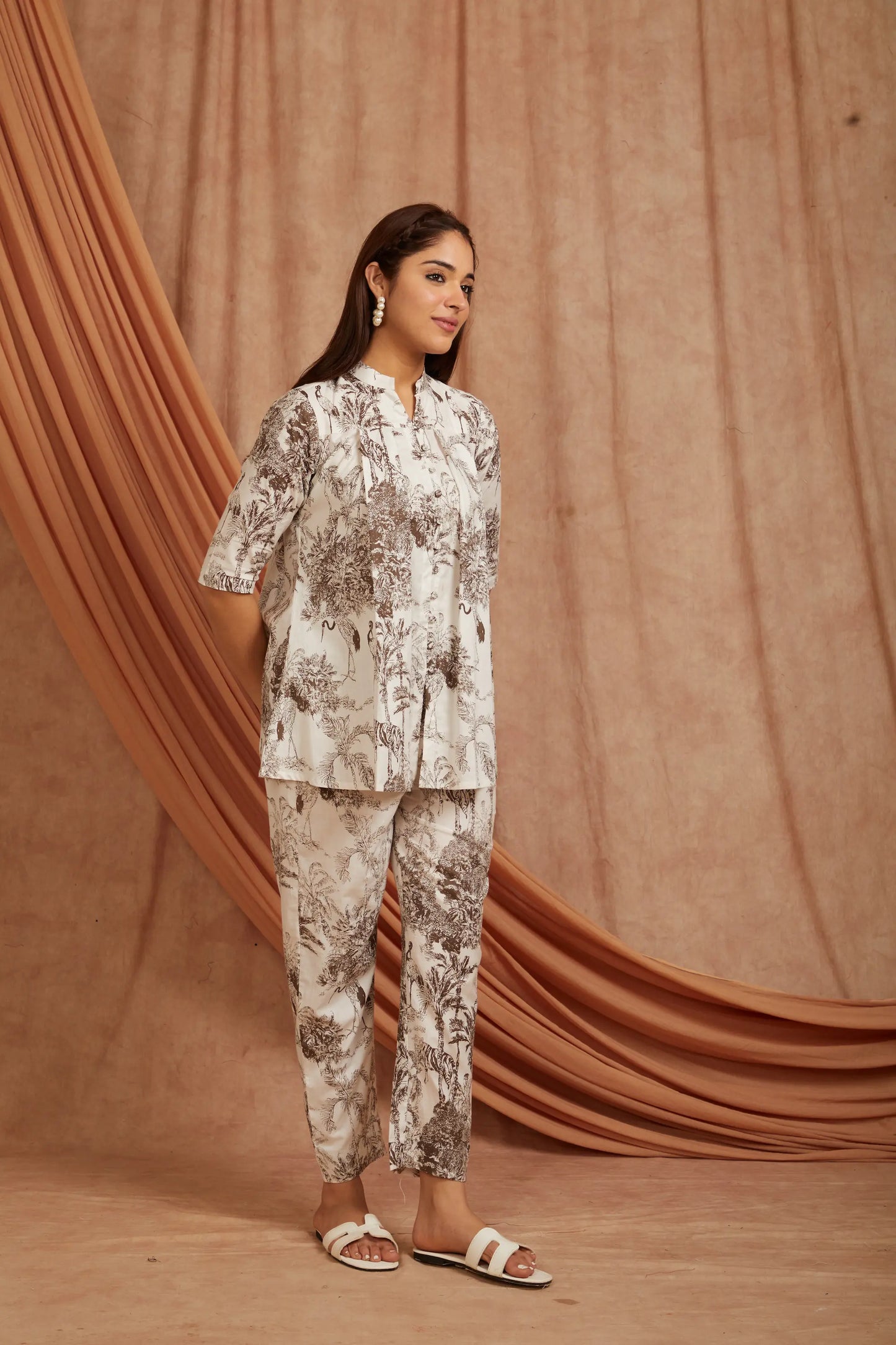 White Brown Printed Cotton Co-ord Set - Set of 2