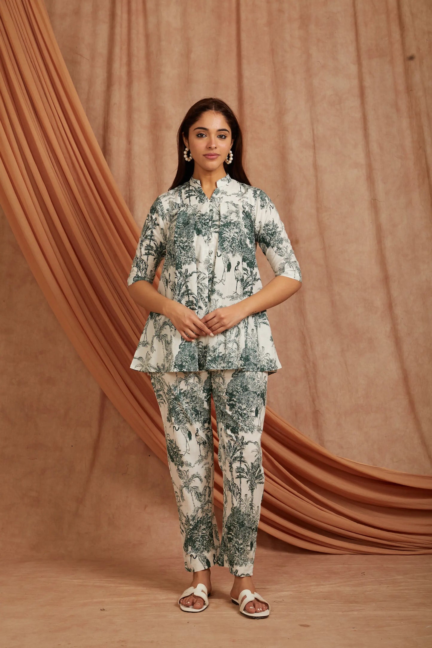 white and green hand block printed cotton co‑ord set
