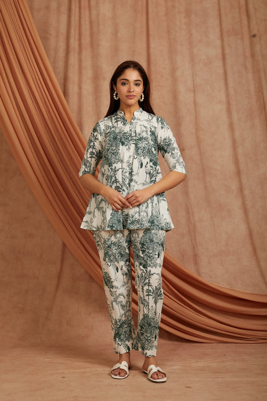 white and green hand block printed cotton co‑ord set