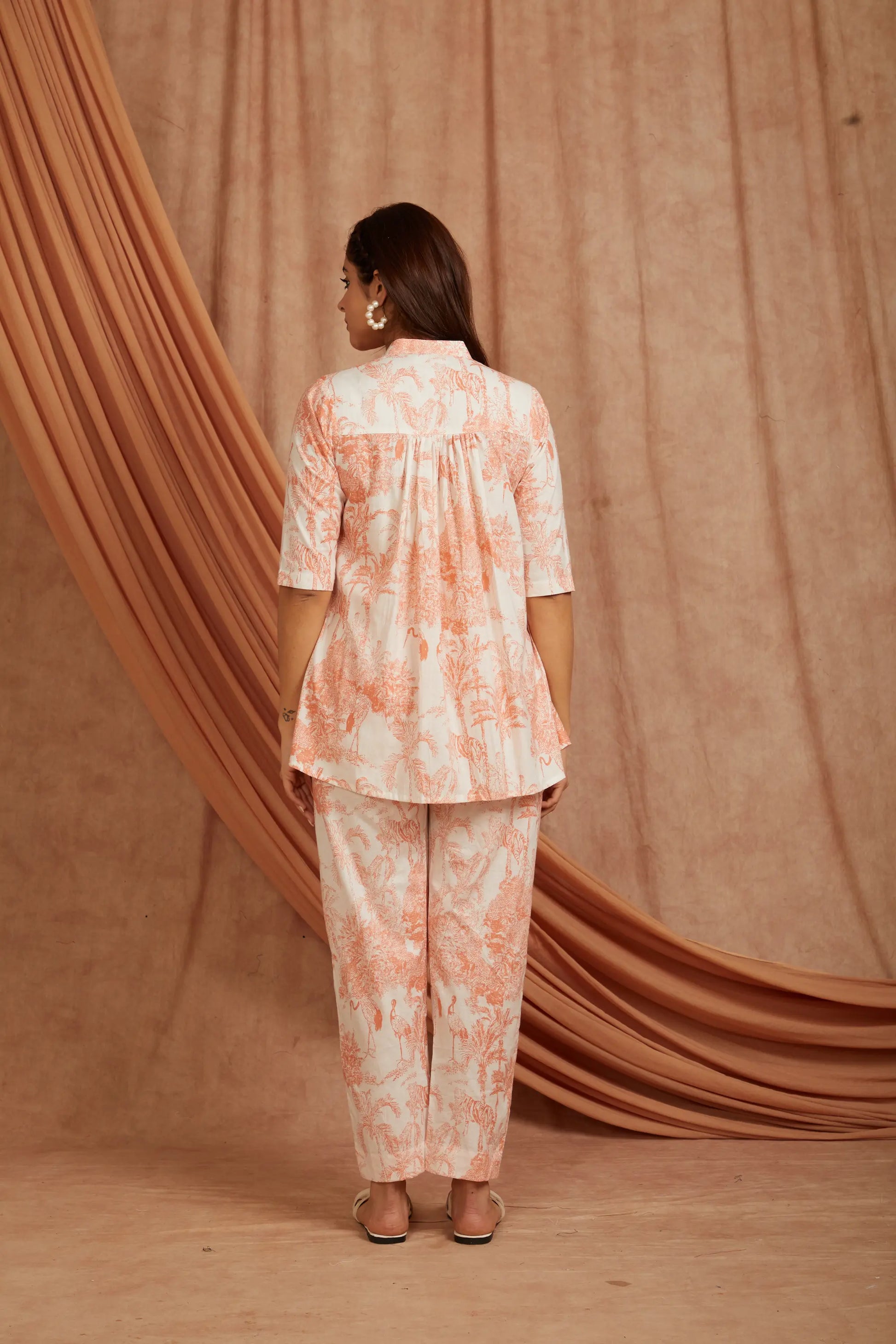 model wearing floral block printed cotton co‑ord set
