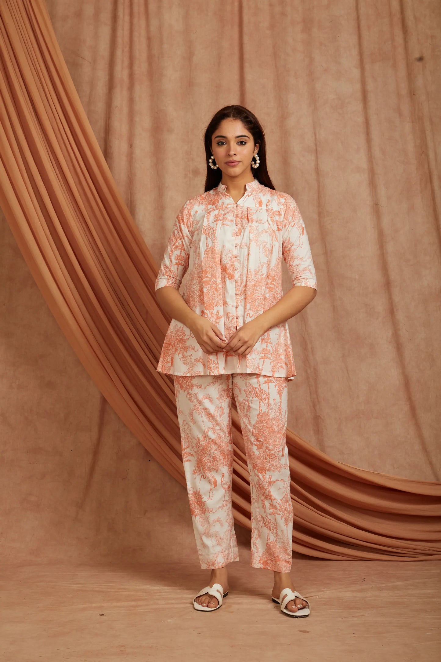 white and peach cotton co‑ord set front view