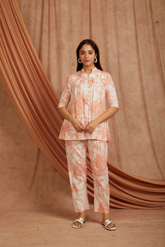 white and peach cotton co‑ord set front view