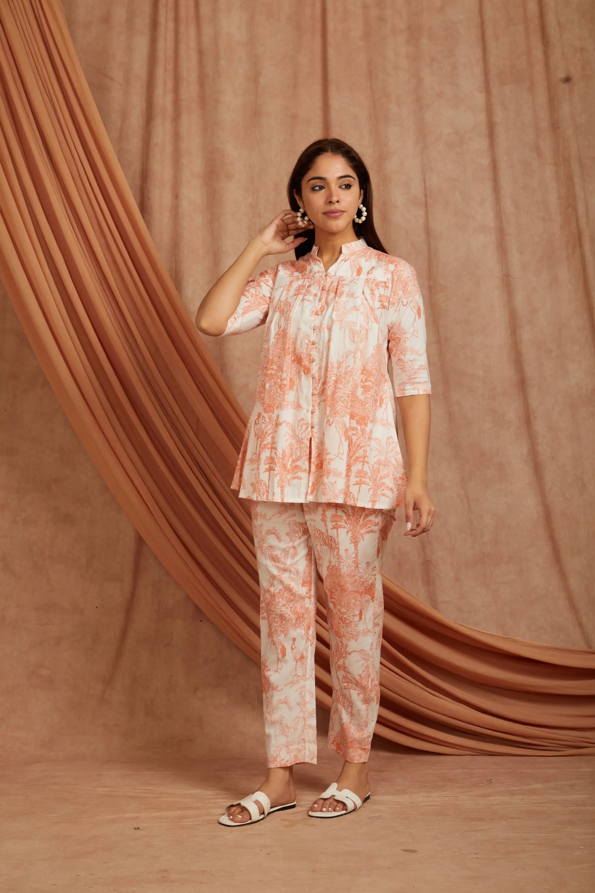 cotton kurta with tulip pants in white and peach floral print