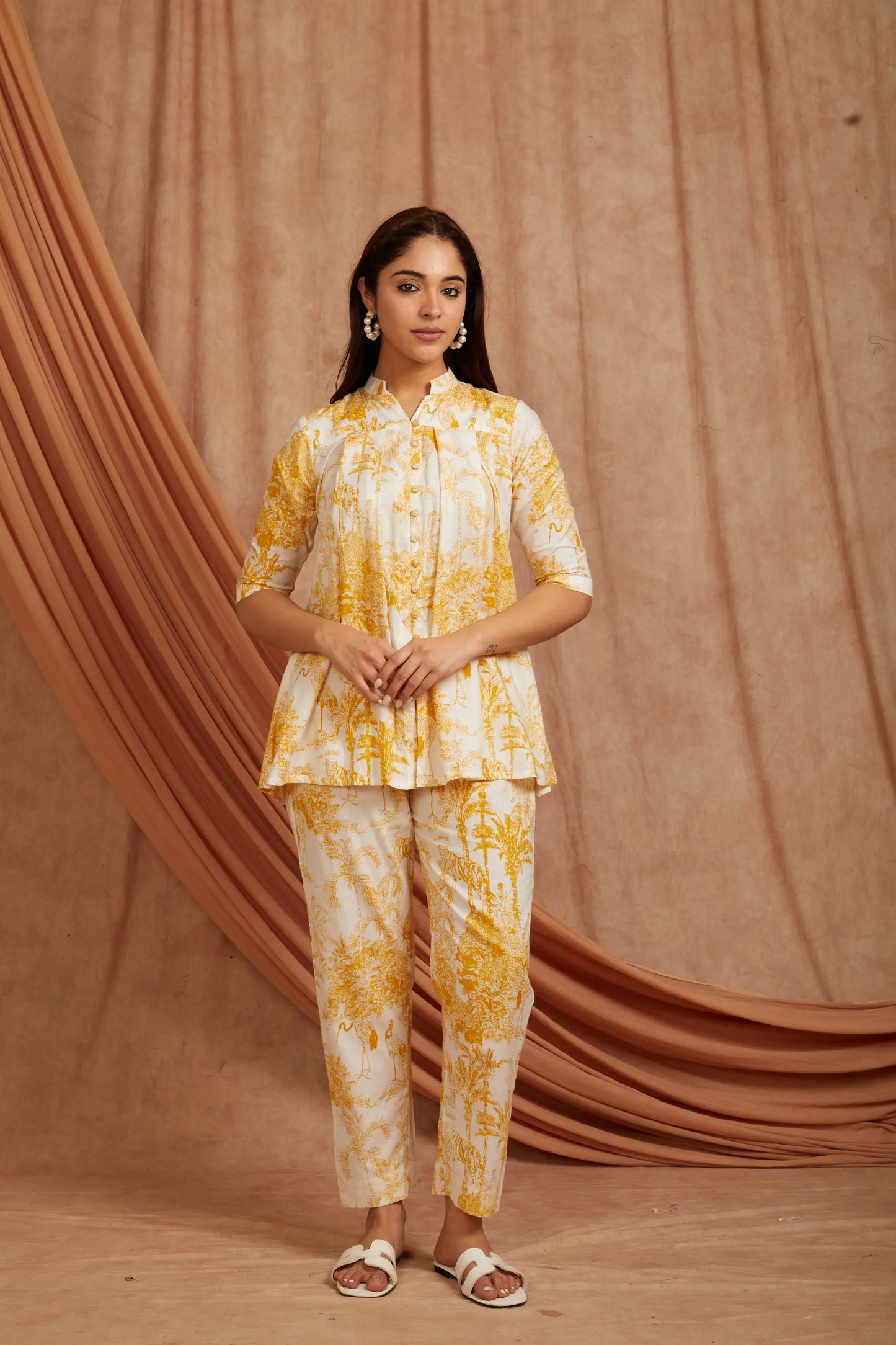 white and yellow block printed cotton co‑ord set front view