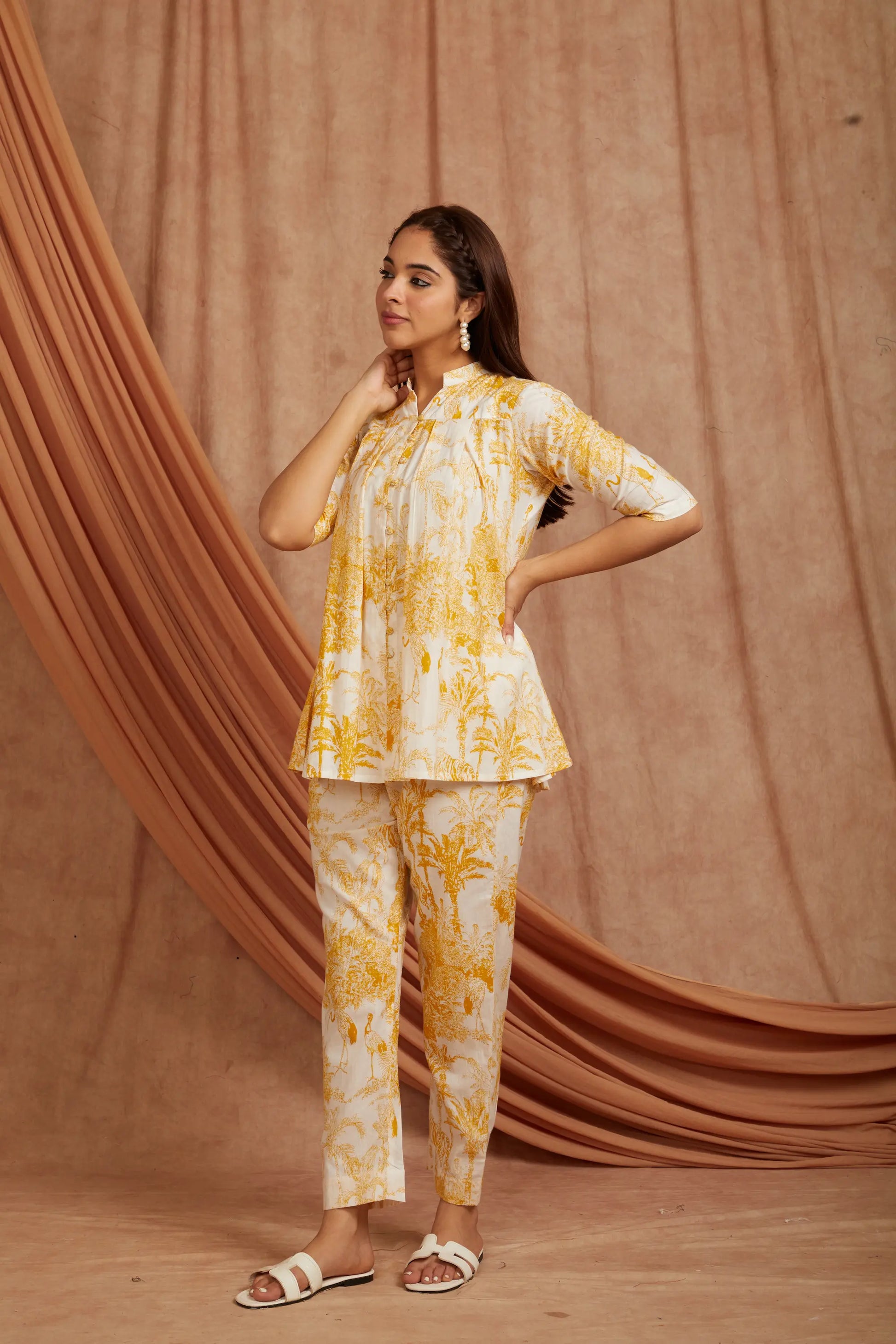 cotton co‑ord set with mandarin collar top and matching printed pants