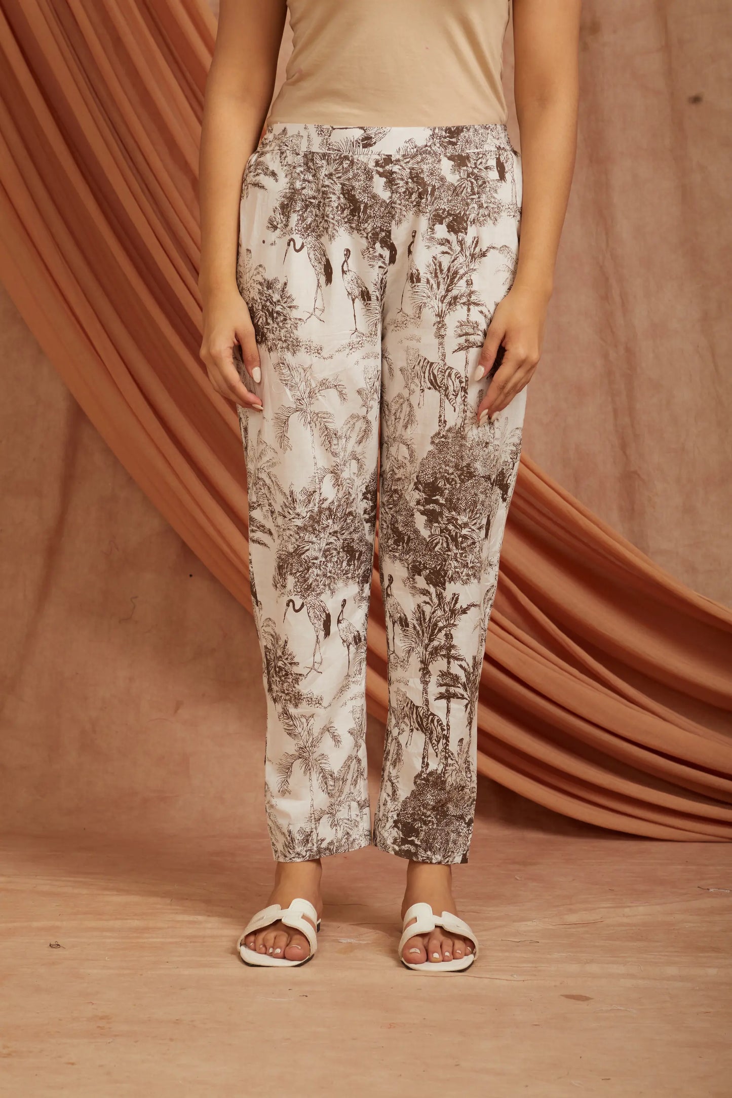 White Brown Printed Cotton Co-ord Set - Set of 2