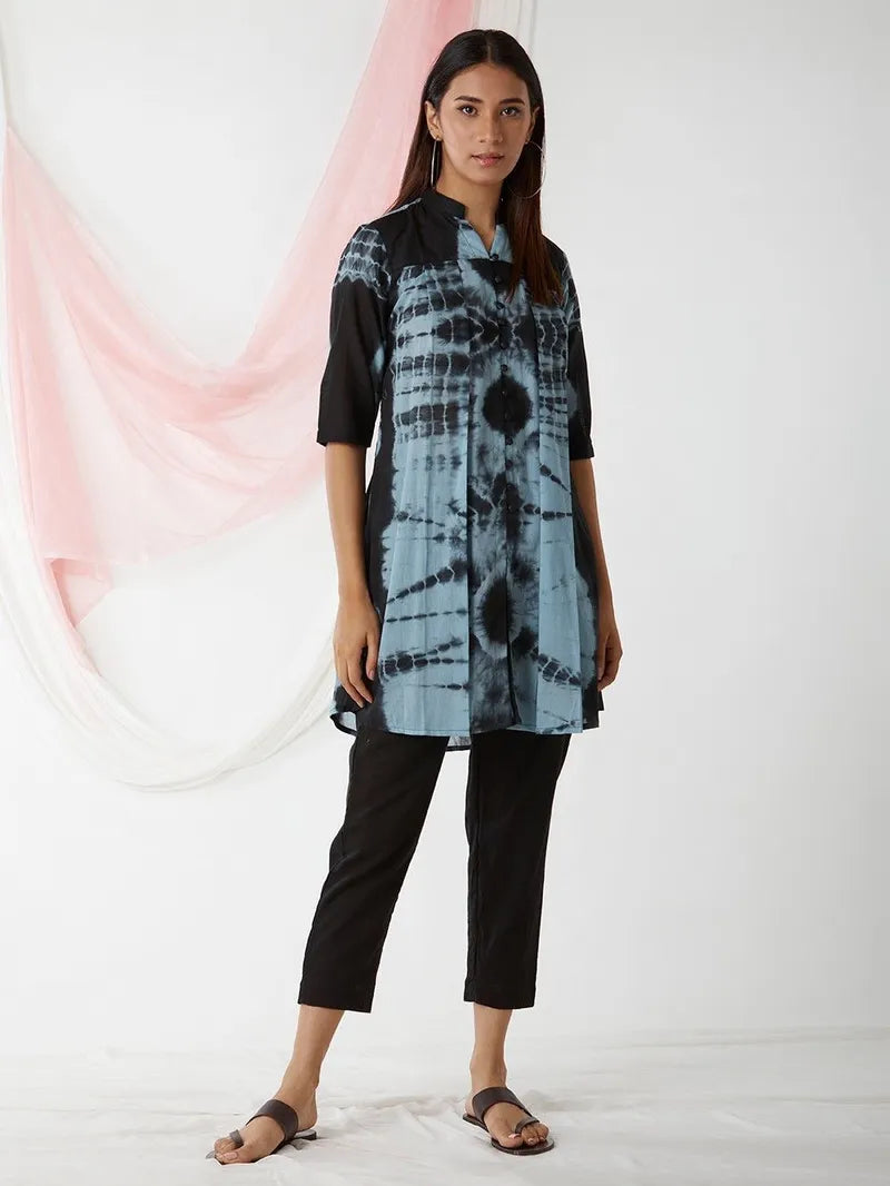 black sky blue tie‑and‑dye cotton mulmul tunic with pants set