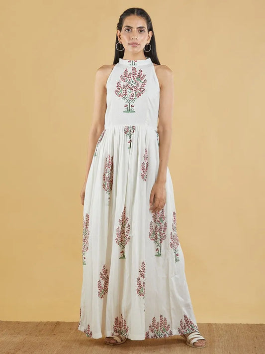 off‑white brown hand block printed cotton mulmul maxi dress
