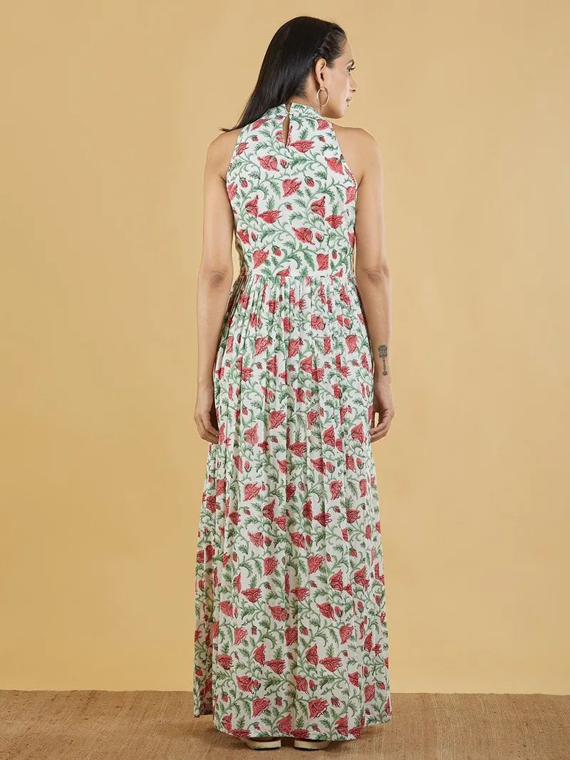back keyhole detail on green‑red block print dress