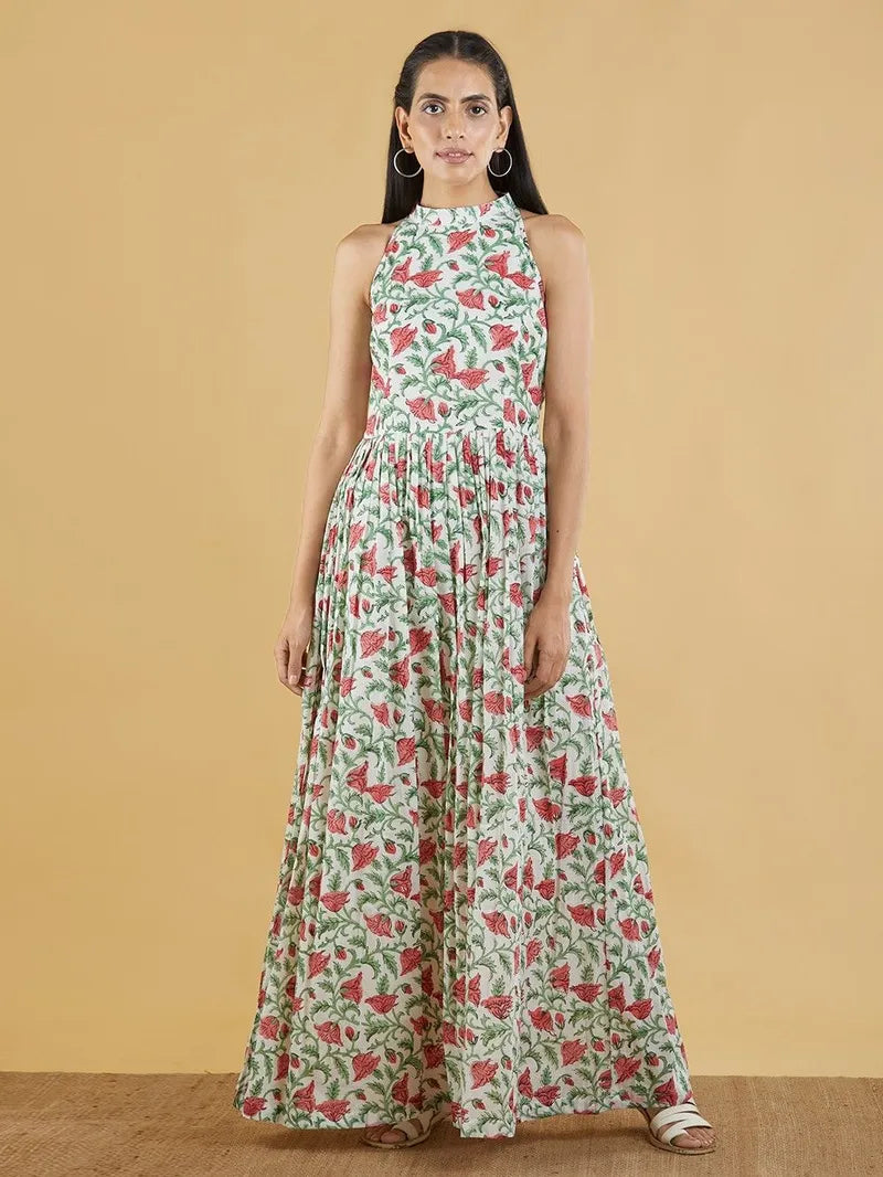 green red hand block printed cotton mulmul maxi dress