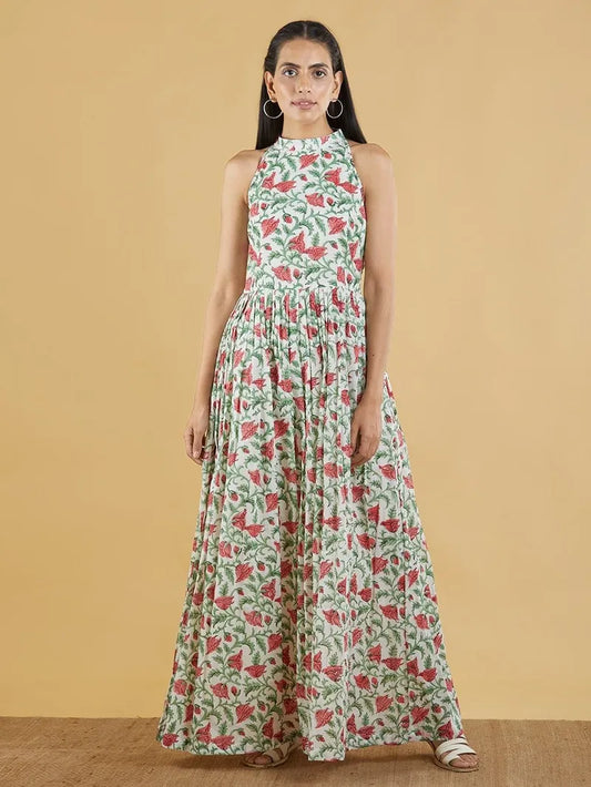 green red hand block printed cotton mulmul maxi dress