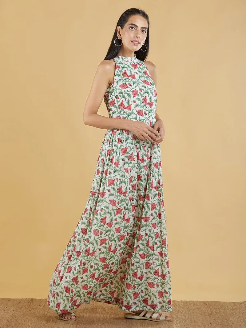 sleeveless maxi dress with green and red floral block print