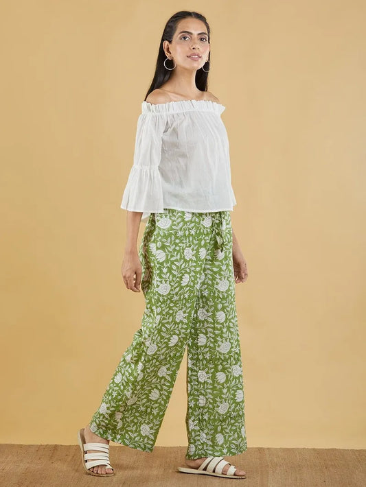 off‑white mulmul top with green hand block printed palazzo set
