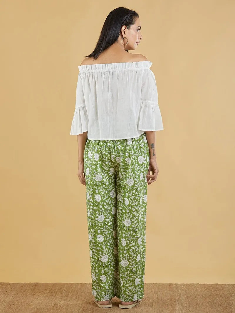 model wearing SIVI block print co‑ord set with palazzo