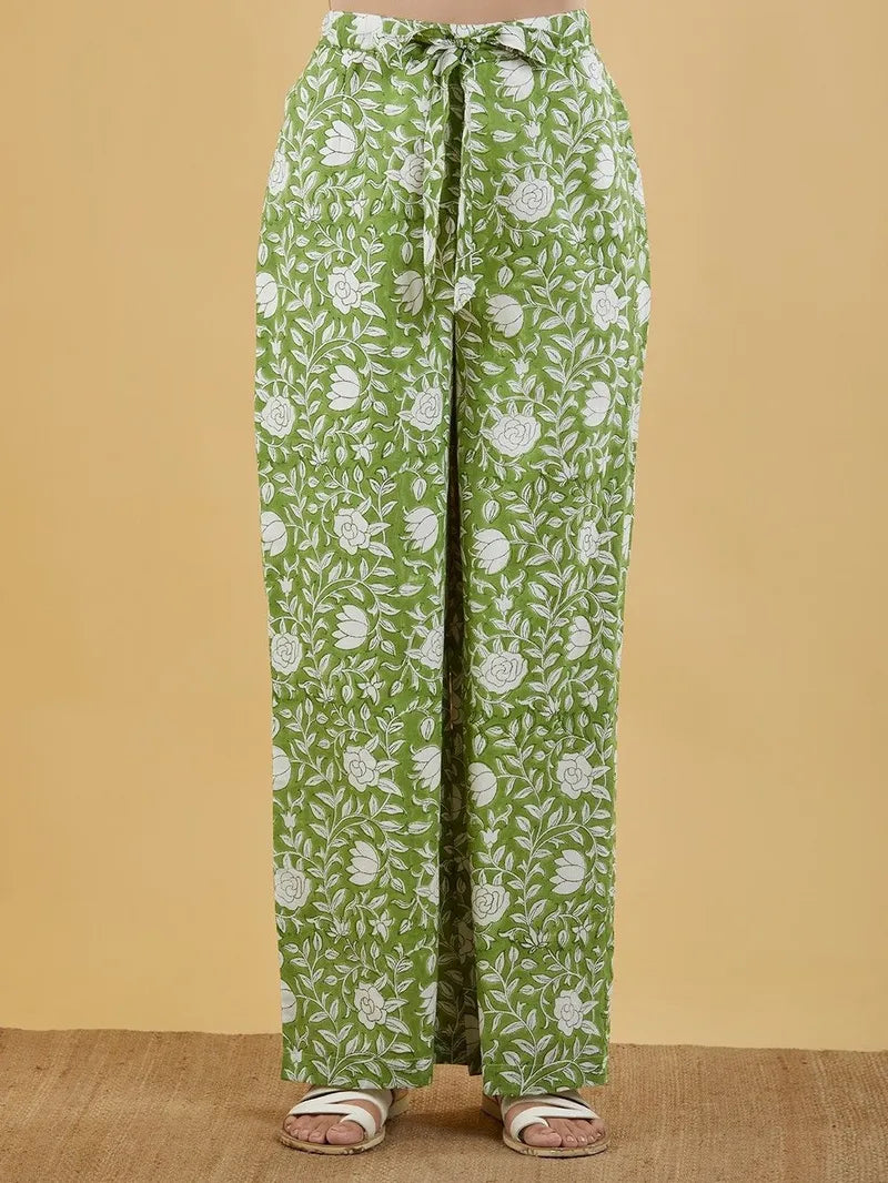 Green Hand Block Printed Cotton Mulmul Top with Palazzo - Set of 2