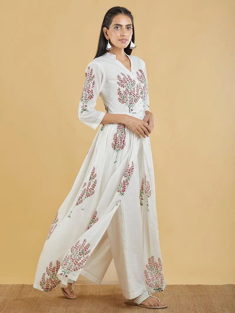 breathable mulmul cotton kurta palazzo set in off‑white & red