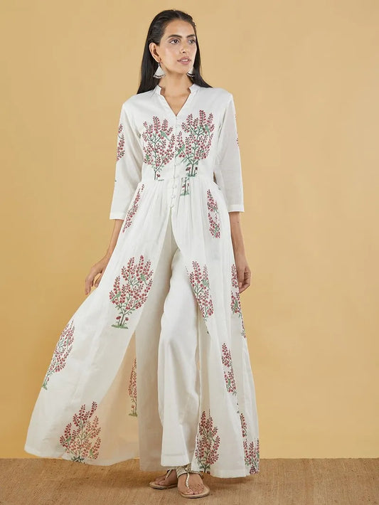 off‑white red hand block printed mulmul kurta with palazzo set