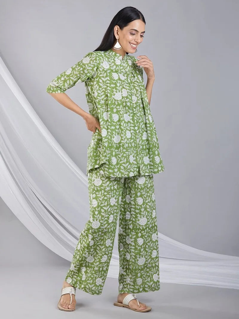front view of mulmul co‑ord with green floral block print