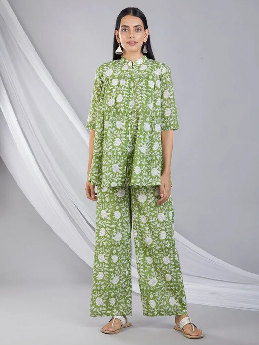 green hand block printed mulmul top with palazzo set