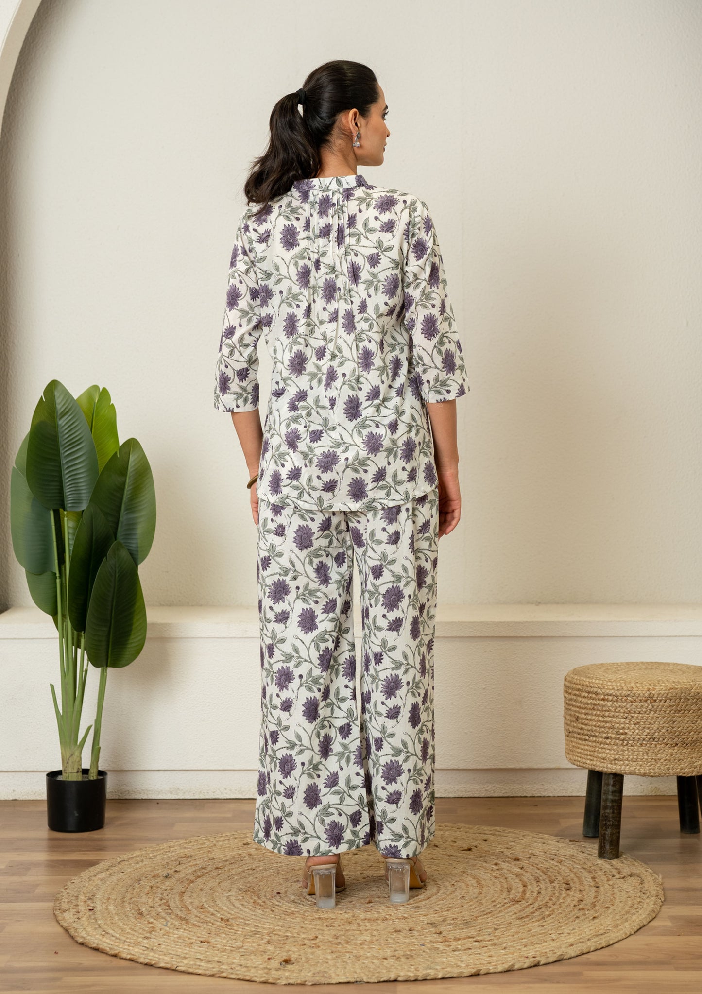 Off White Lavender Hand Block Printed Cotton Co-ord Set- Set of 2