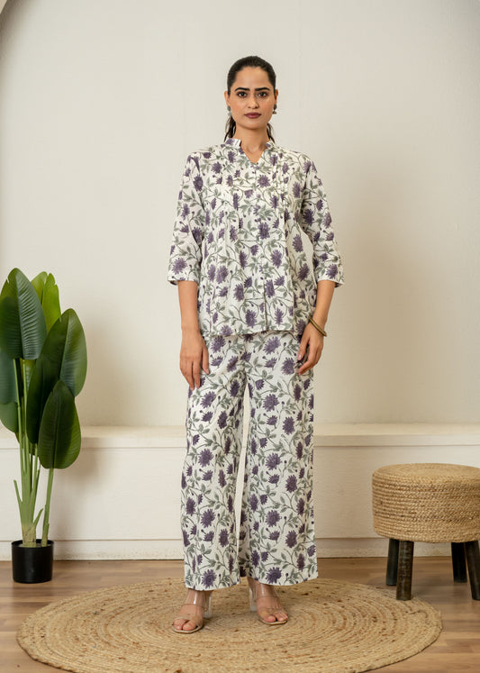 Off White Lavender Hand Block Printed Cotton Co-ord Set- Set of 2