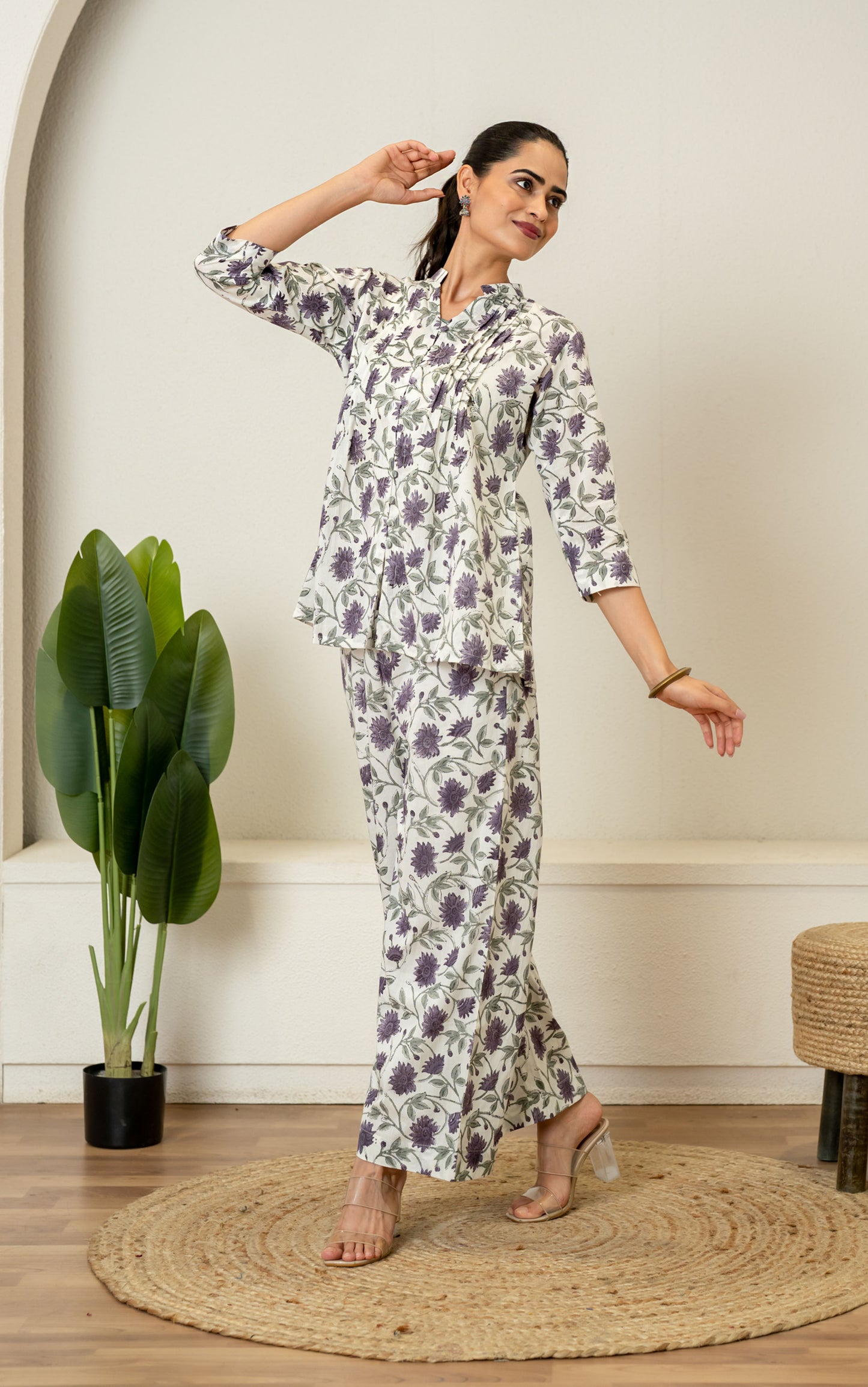 Off White Lavender Hand Block Printed Cotton Co-ord Set- Set of 2