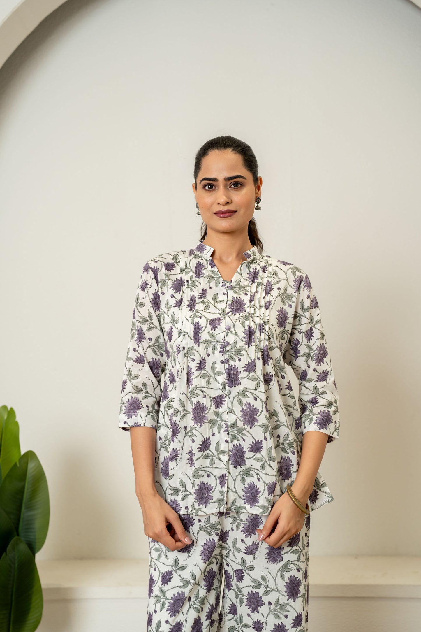 Off White Lavender Hand Block Printed Cotton Co-ord Set- Set of 2