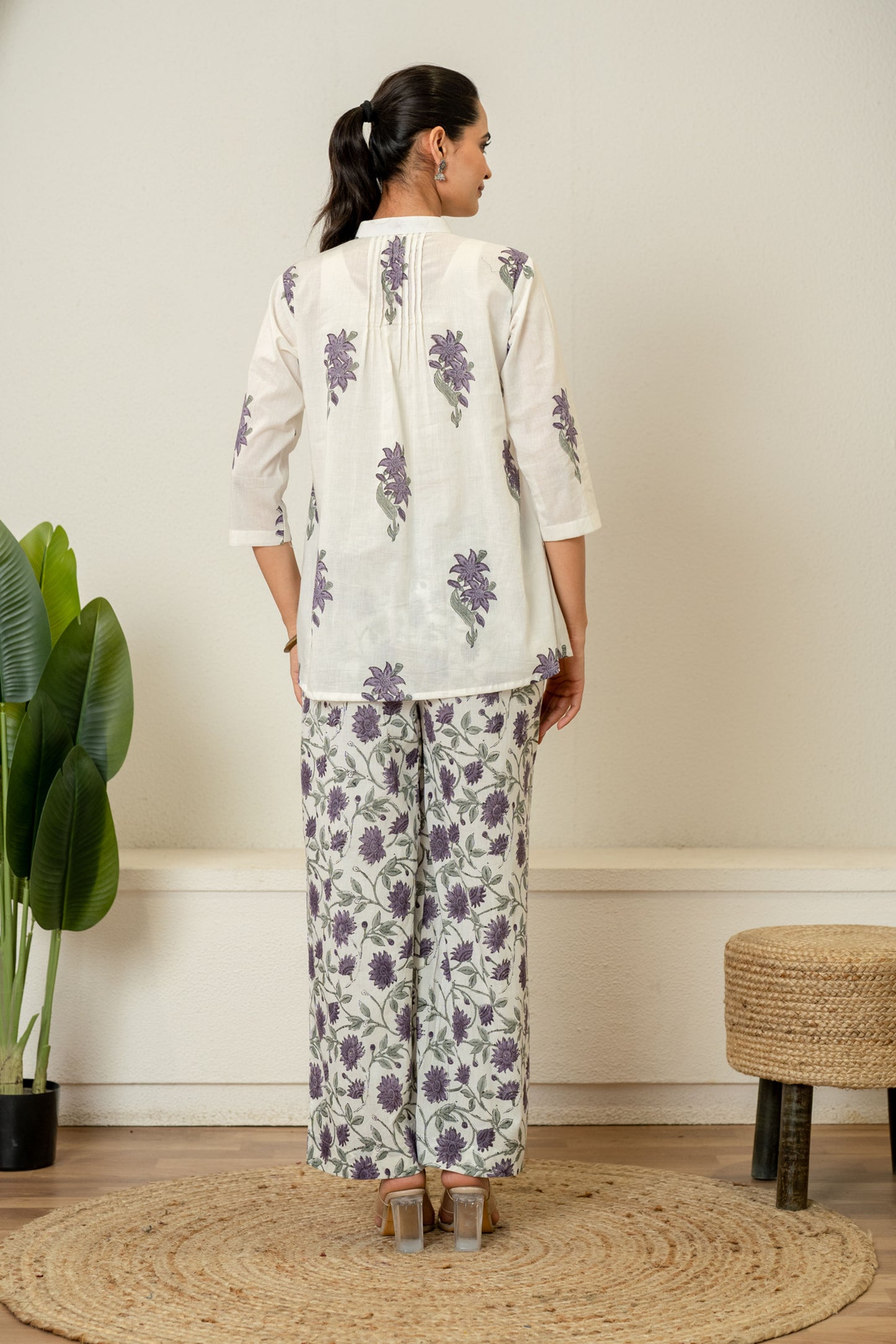 Off White Lavender Hand Block Printed Cotton Co-ord Set- Set of 2