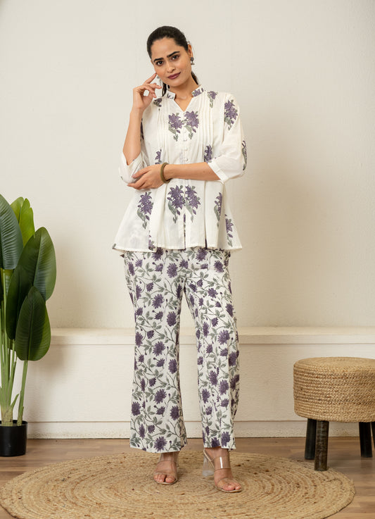 Off White Lavender Hand Block Printed Cotton Co-ord Set- Set of 2