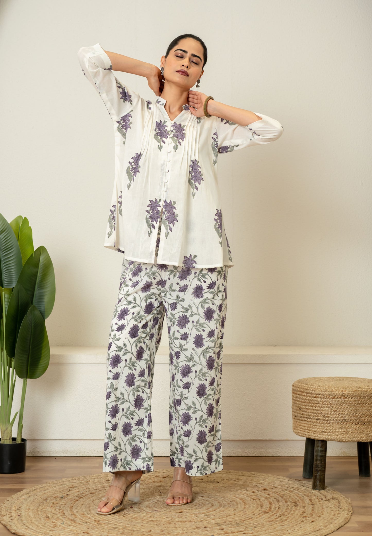 Off White Lavender Hand Block Printed Cotton Co-ord Set- Set of 2