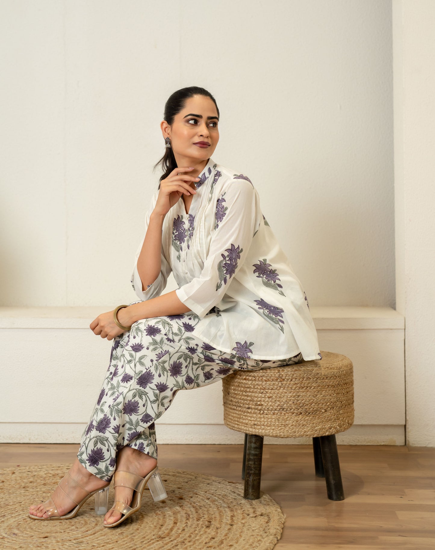 Off White Lavender Hand Block Printed Cotton Co-ord Set- Set of 2