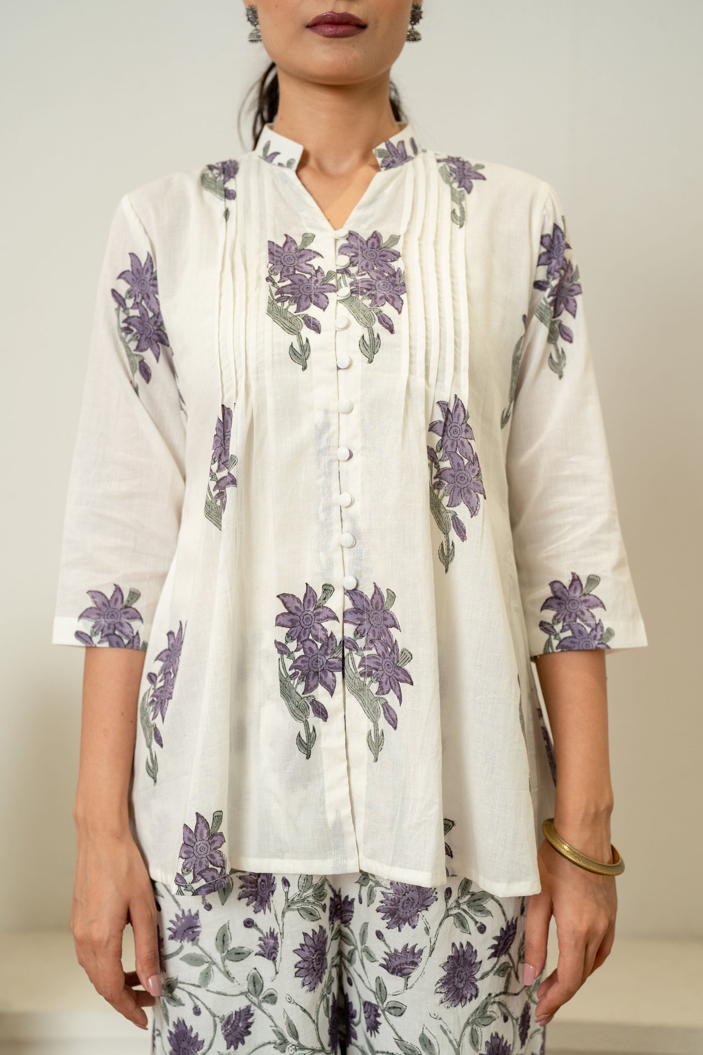 Off White Lavender Hand Block Printed Cotton Co-ord Set- Set of 2