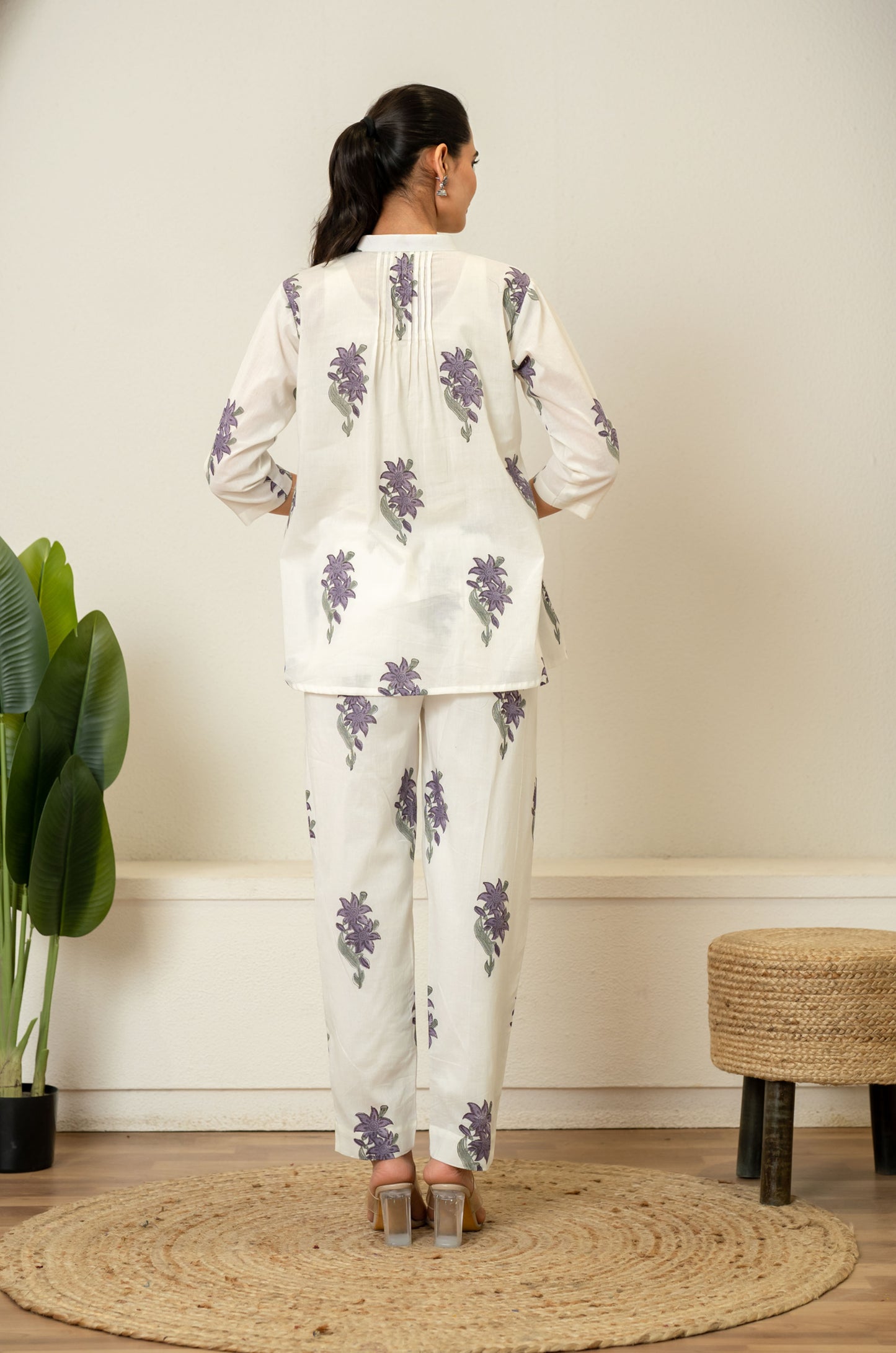 Off White Lavender Hand Block Printed Cotton Co-ord Set- Set of 2