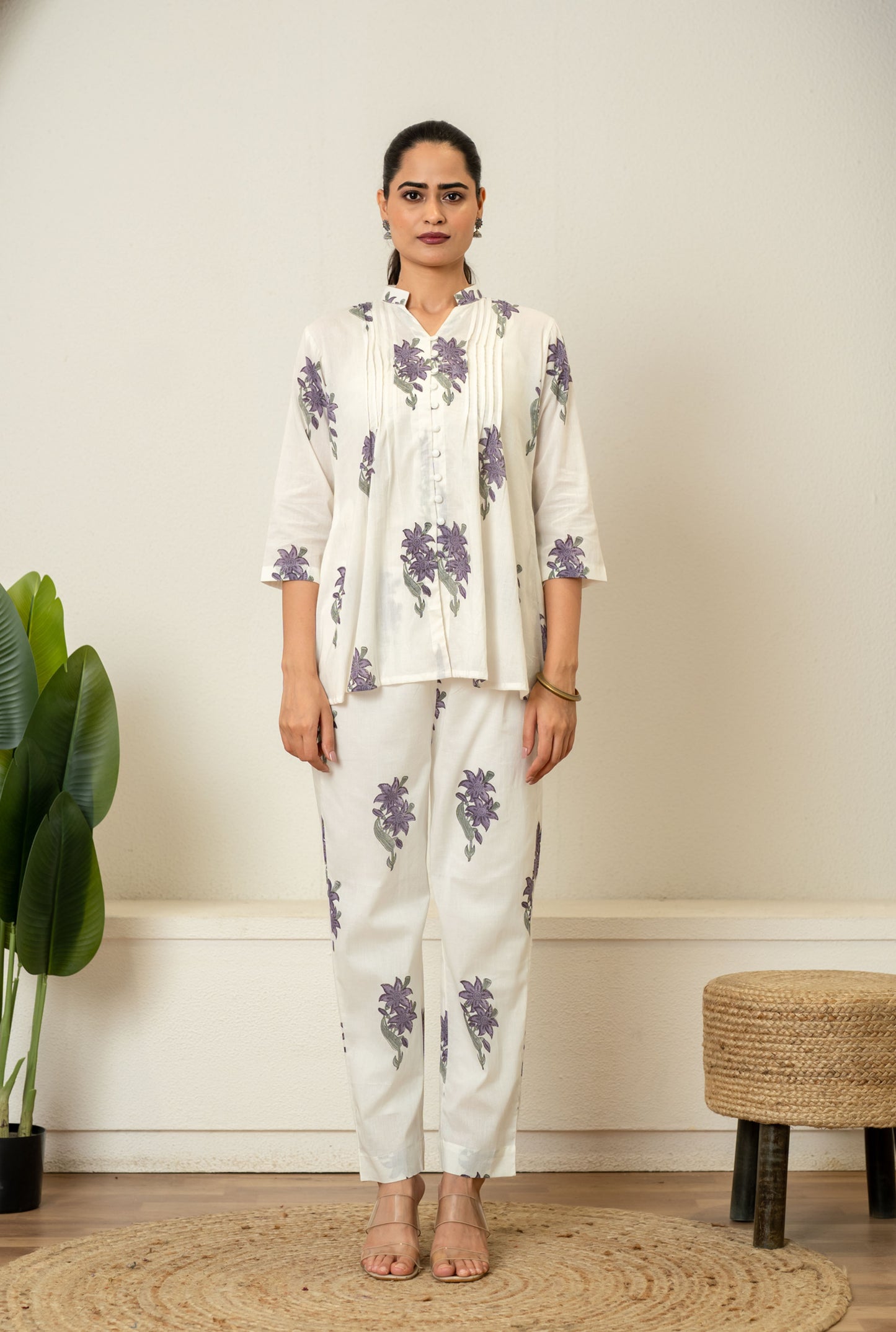Off White Lavender Hand Block Printed Cotton Co-ord Set- Set of 2
