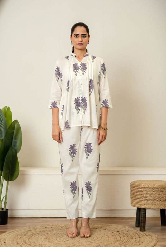 Off White Lavender Hand Block Printed Cotton Co-ord Set- Set of 2