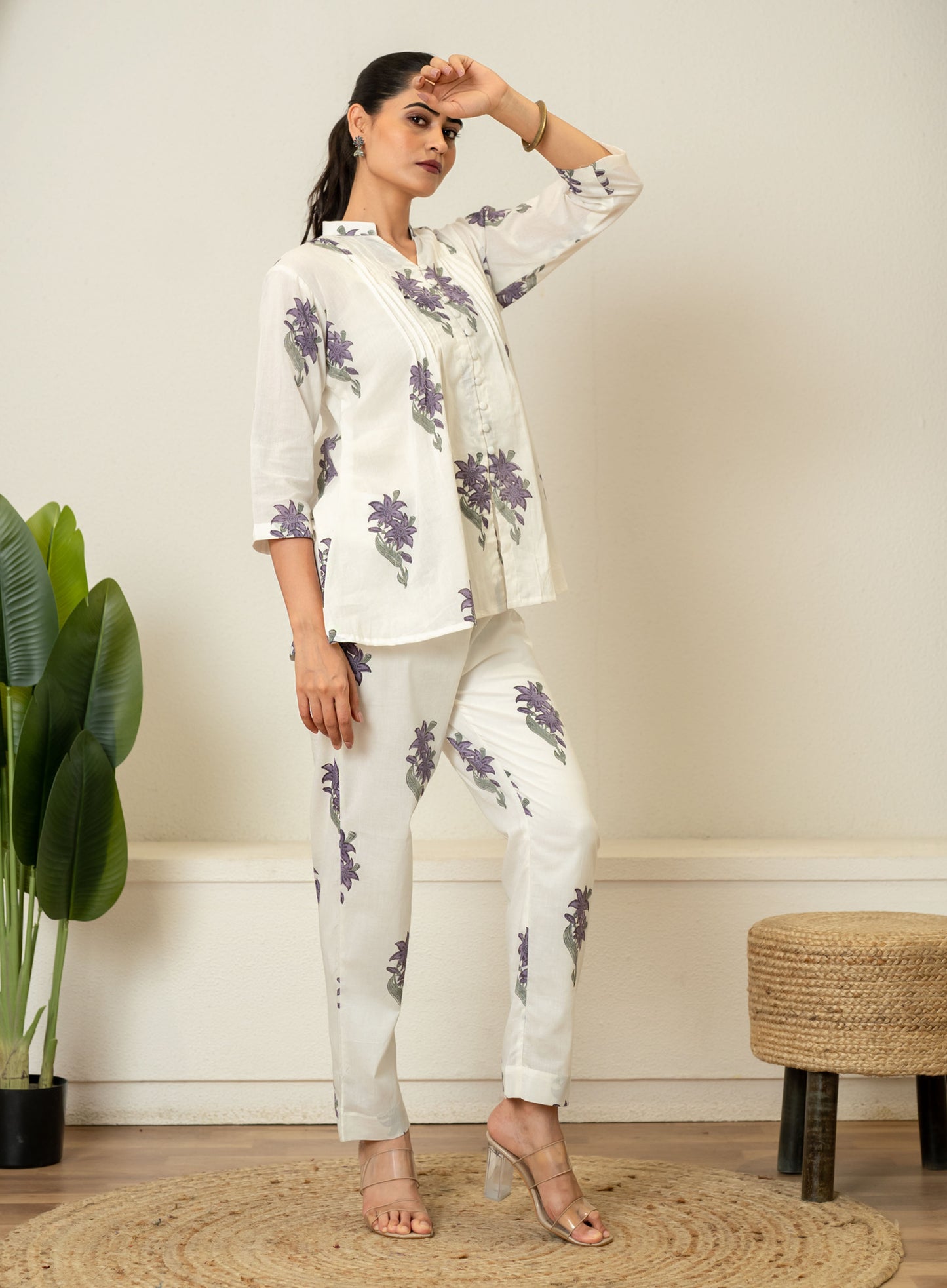 Off White Lavender Hand Block Printed Cotton Co-ord Set- Set of 2