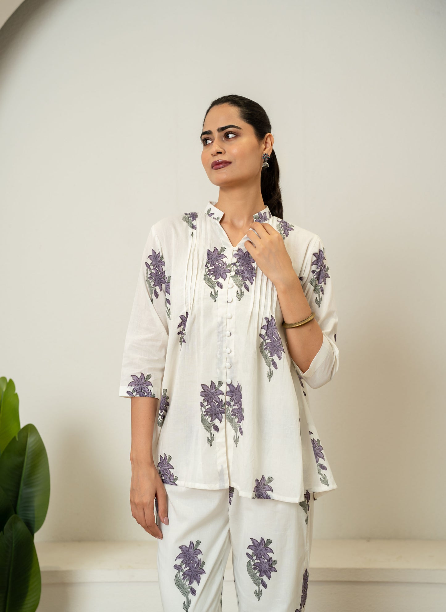 Off White Lavender Hand Block Printed Cotton Co-ord Set- Set of 2