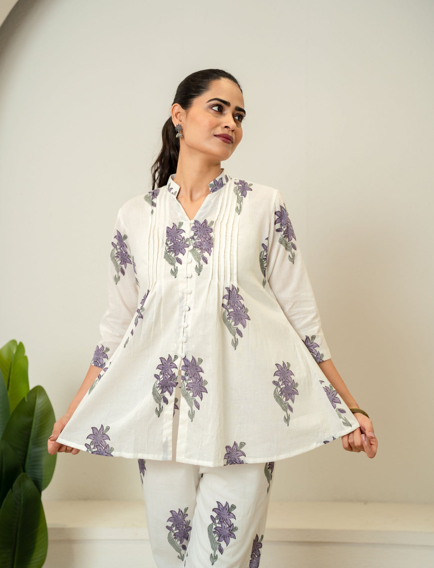 Off White Lavender Hand Block Printed Cotton Co-ord Set- Set of 2