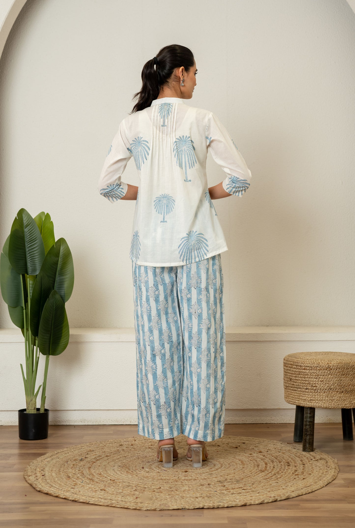 Off White Blue Hand Block Printed Cotton Co-ord Set- Set of 2