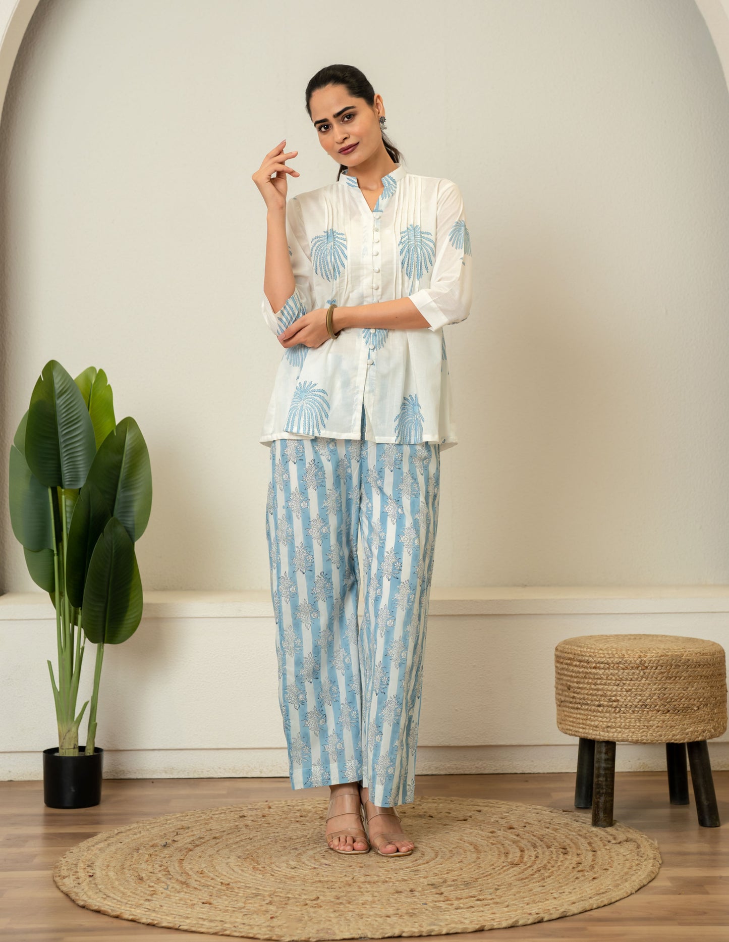 Off White Blue Hand Block Printed Cotton Co-ord Set- Set of 2