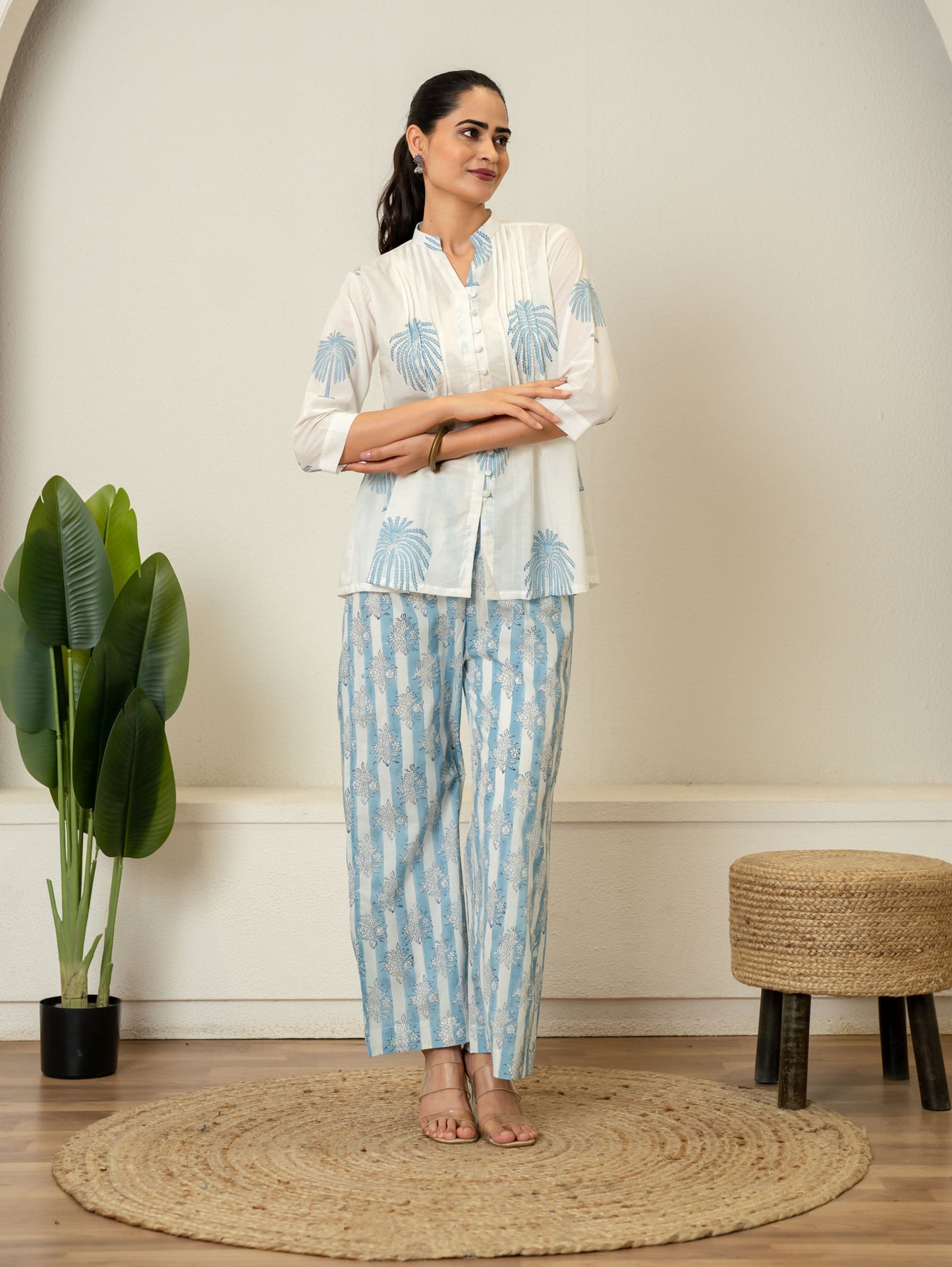 Off White Blue Hand Block Printed Cotton Co-ord Set- Set of 2