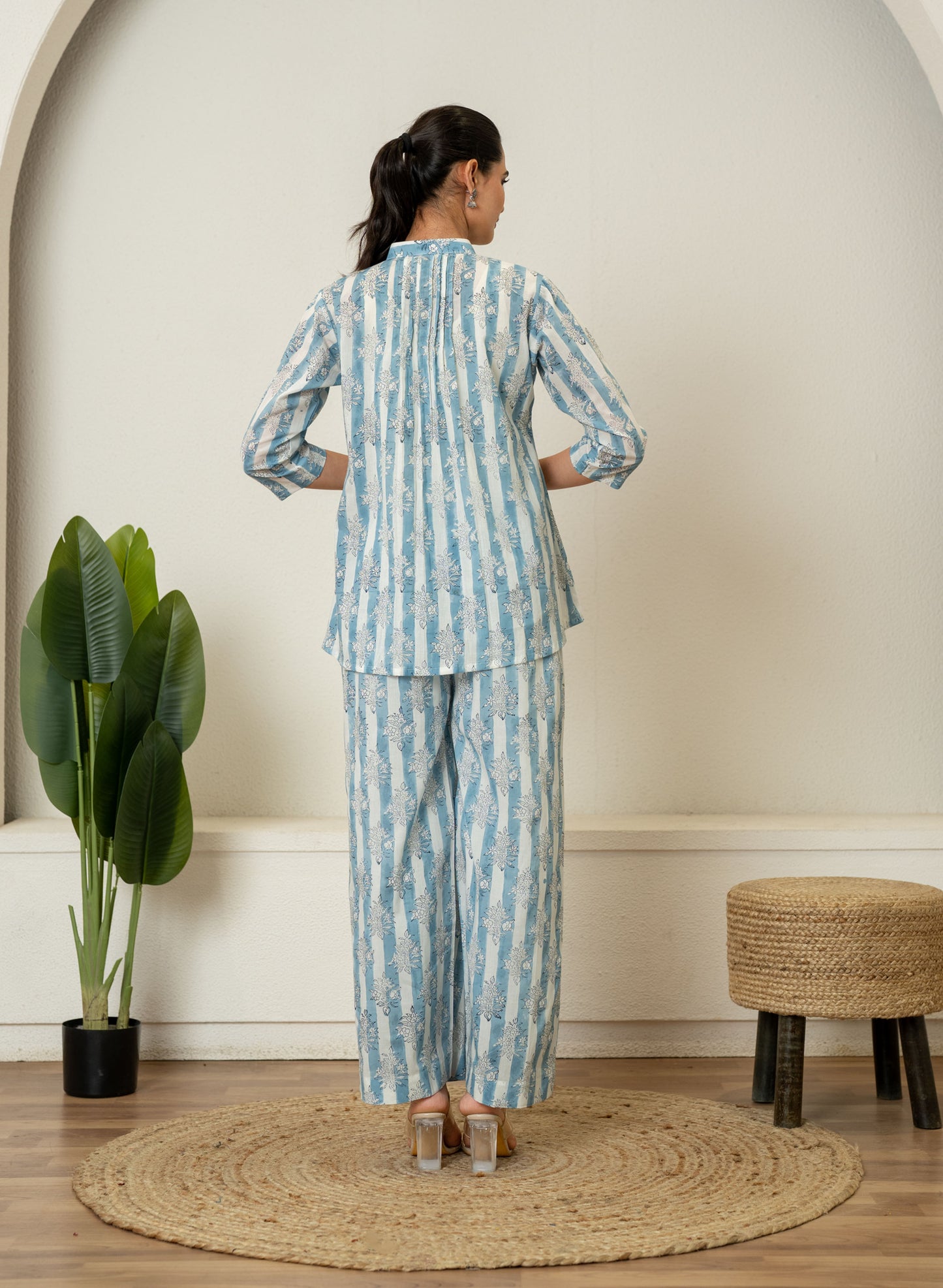 Off White Blue Hand Block Printed Cotton Co-ord Set- Set of 2