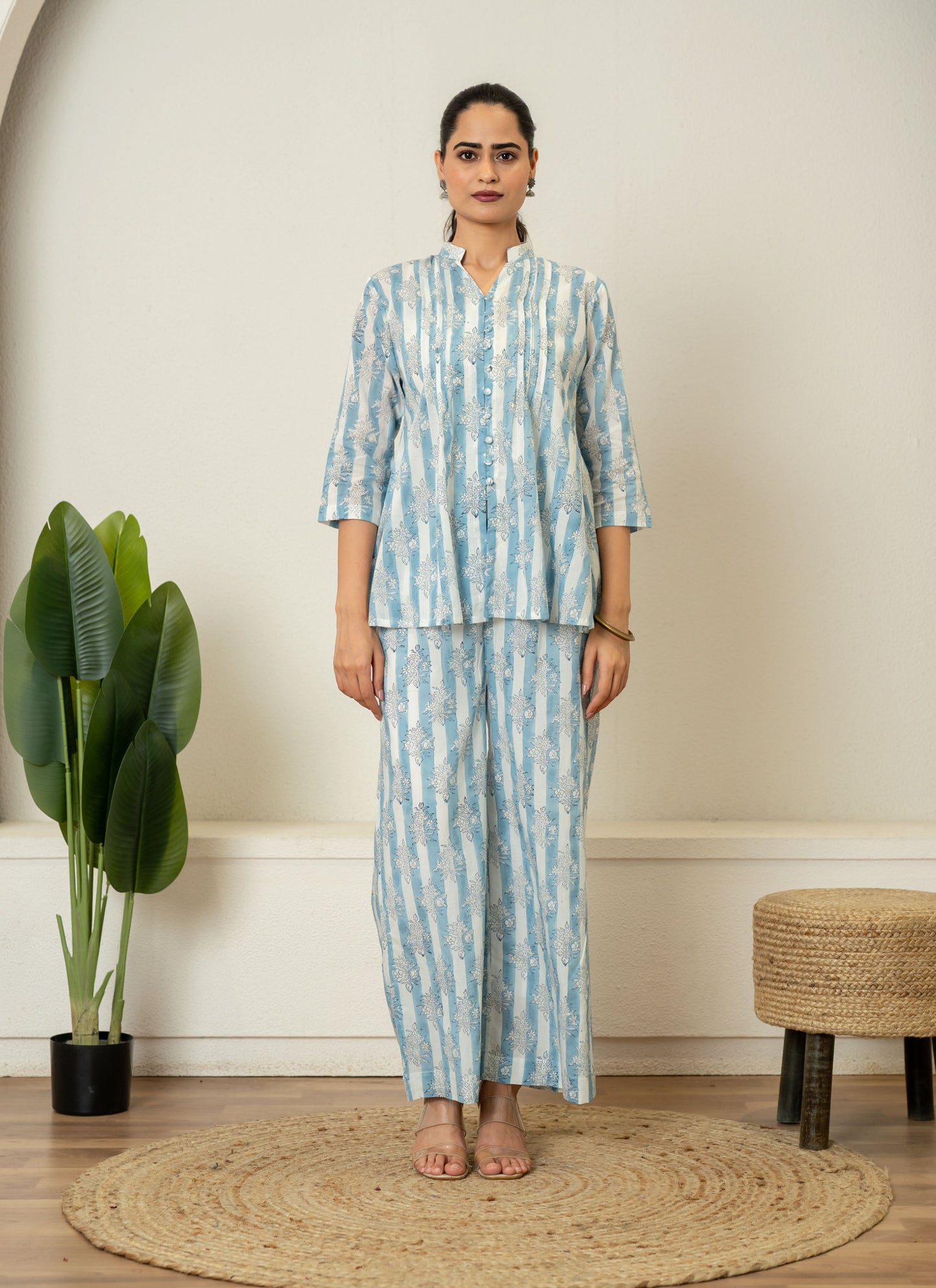Off White Blue Hand Block Printed Cotton Co-ord Set- Set of 2
