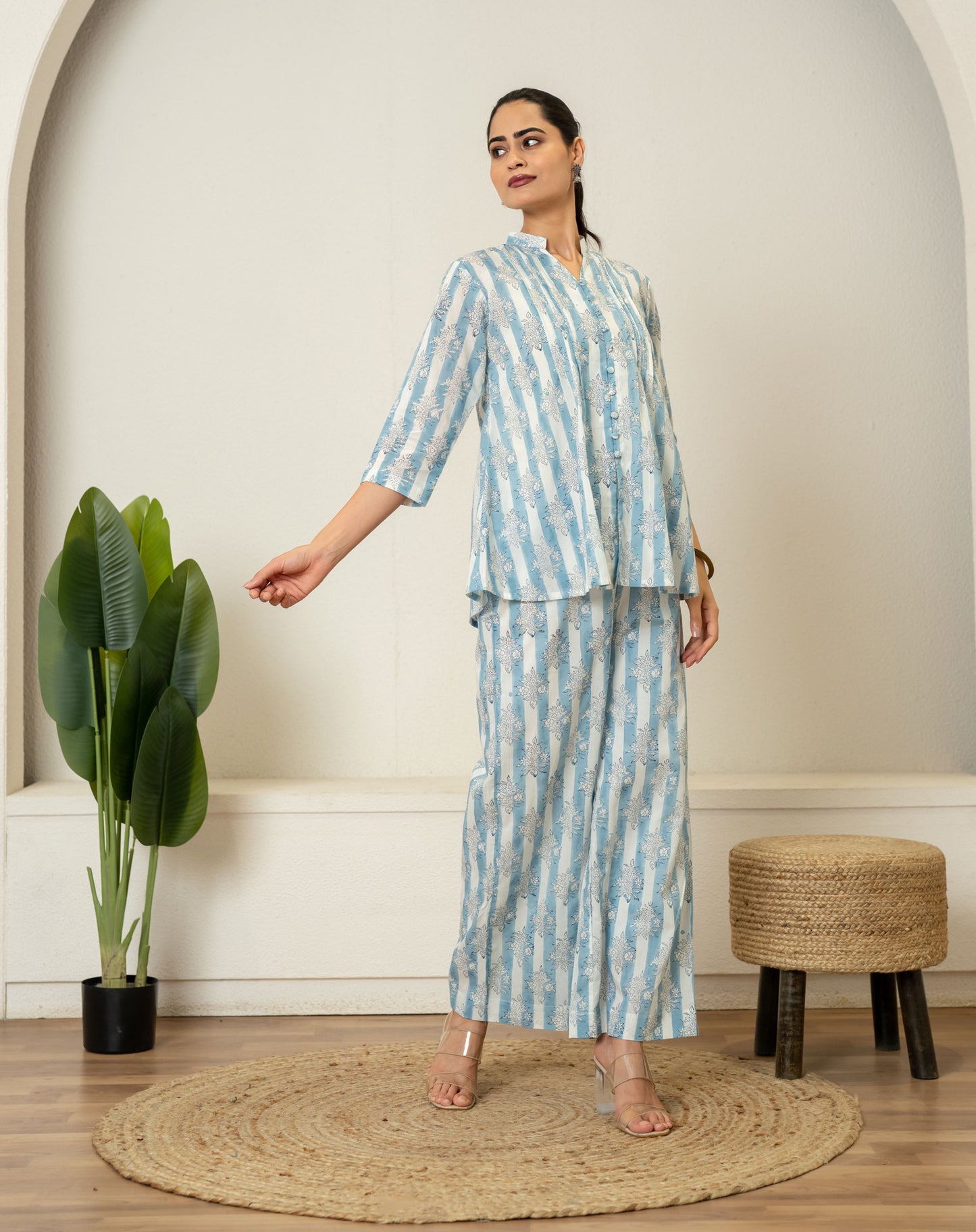 Off White Blue Hand Block Printed Cotton Co-ord Set- Set of 2