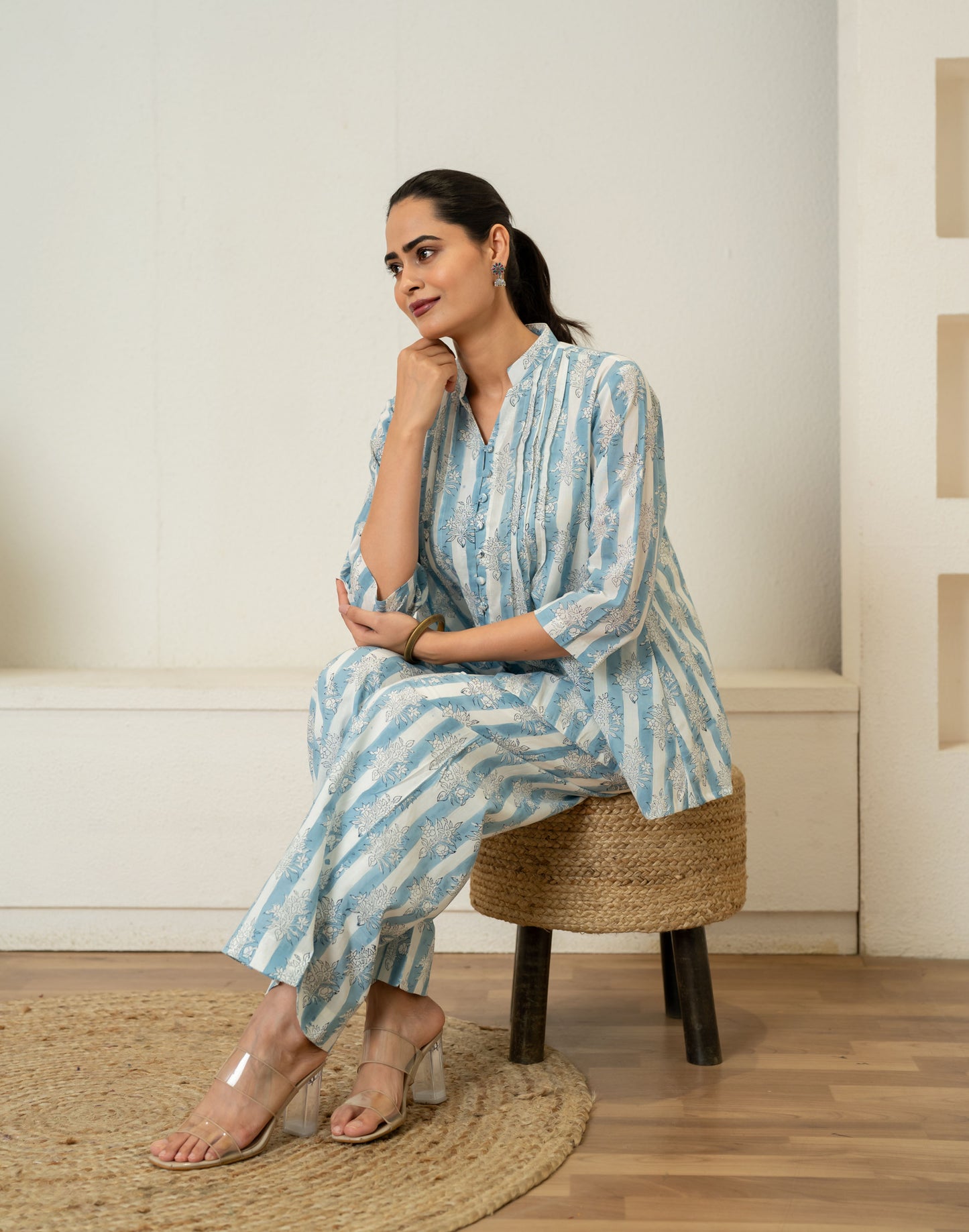 Off White Blue Hand Block Printed Cotton Co-ord Set- Set of 2