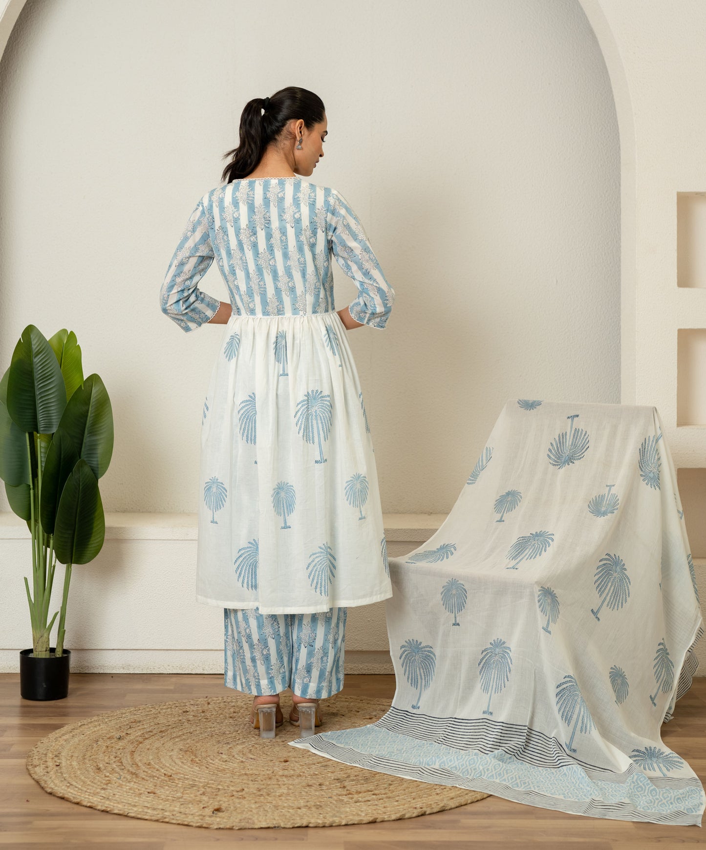 Off White Blue Hand Block Printed Cotton Suit- Set of 3